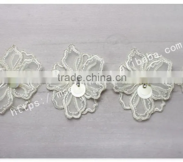 Beautiful Design 8.5cm Width Organza Flowers Beaded Lace in White photo-3