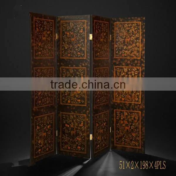Traditional Hand Painting Three Door Folding Screen, Retro Furniture Decorative Wooden Floor Screen With Crackle photo-4