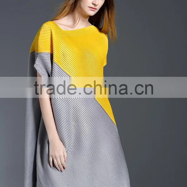 Women Pleat Trendy High Low Hem Design Sloping Shoulder Dress photo-5