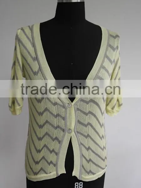 Ladies Fashion Stripe Knit 1/2 Sleeve Cardigan Sweater