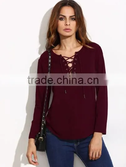 WOMEN'S APPAREL Burgundy Lace Up Long Sleeve T-shirt photo-2