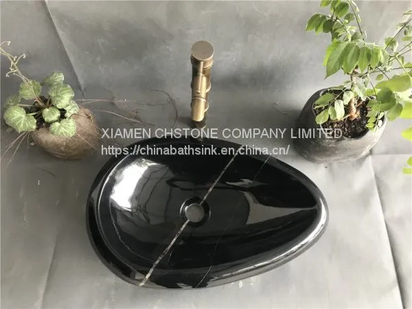 Nero Marquina Marble Bathroom Vessel Oval Sink Black Marble Wash Basin photo-2