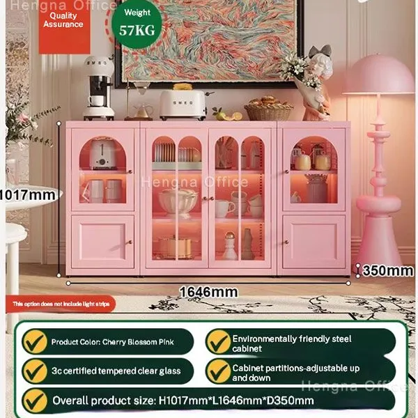 Cherry Blossom Pink Metal Nursery Storage Cabinet for Toronto | Arched Glass Kids Room Cupboard | with Rounded Gold Pulls