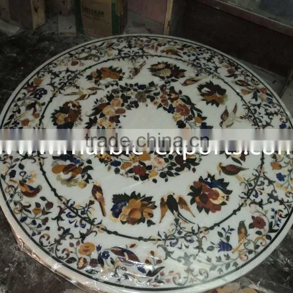 White Round Marble Stone Inlay Dinning Table Top Pietra Dura Table Top photo-4