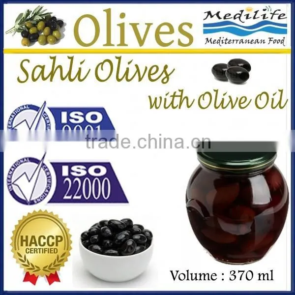 High Quality 100% Tunisian Table Olives. Black Olives,Sahli Olives With Olive Oil, Natural Sahli Olives With Olive Oil. 370 ml G