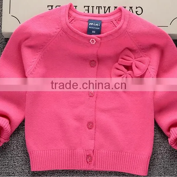 OEM 100% Cotton Knitted Cute Bows Girls Pink Cardigan Sweaters photo-3