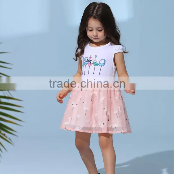 2017 Wholesale Cotton Spandex With Printing Dress Contrast Organza Skirt Part Cute Childrenswear