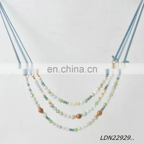 Bohemian Fashion Layered Light Blue Suede Necklace Amazonitel Stone Beaded Necklace photo-5