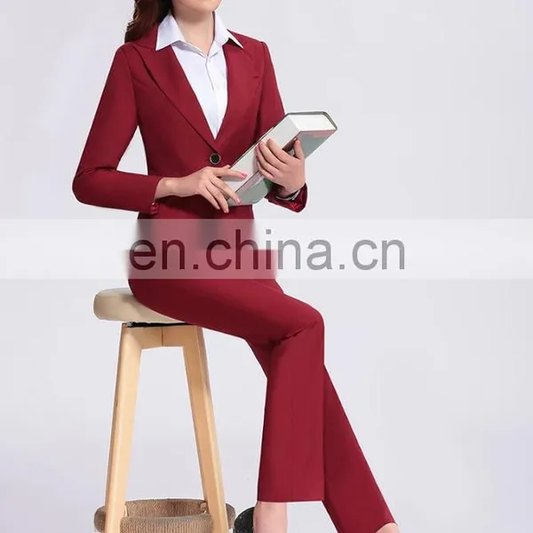 Wine Elegant Women Pant Suits Lady Business Top Blouser Suit photo-4