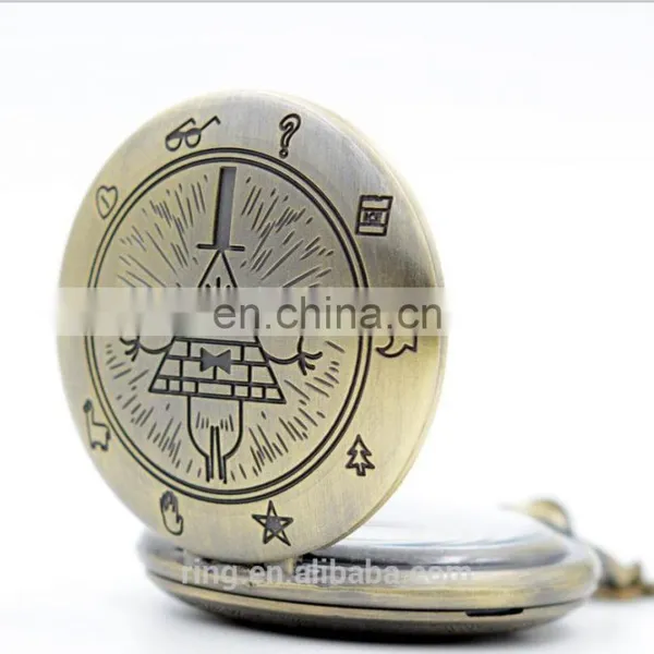 Retro Vintage Bronze Bill Cipher Gravity Falls Quartz Pocket Watch photo-2