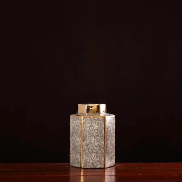 Hexagon White Porcelain Unique Black Gold Ceramic Vase For Model Room Decor photo-3