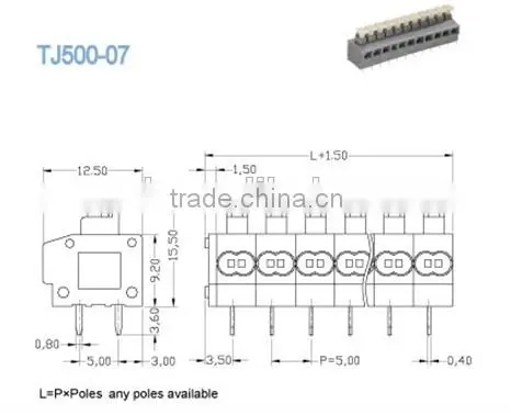 Termin Block 5.00mm Pitch PCB Spring Terminal Blocks , 300V 10A 2P - 24P Screwless Terminals Block photo-2