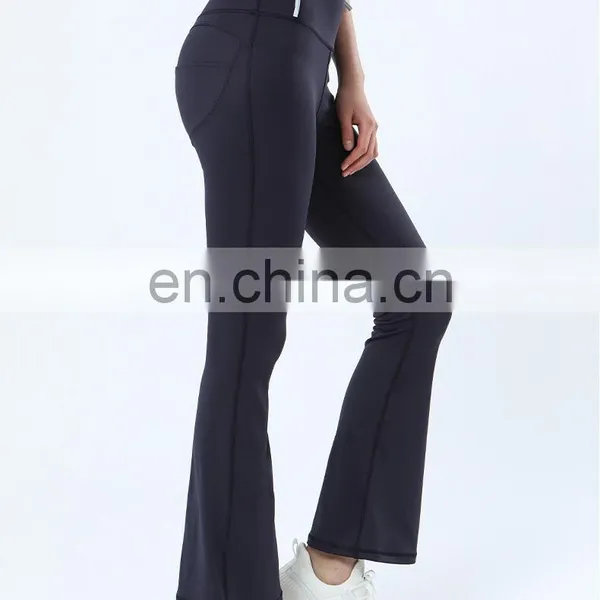 Wholesale Nude High Waist Back Pocket Flared Yoga Leggings Peach Hip Wide Leg Sports Gym Pants For Women Active Exercise Wearn photo-3