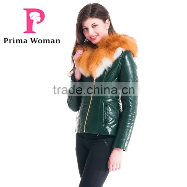 New Design Winter Women Short Slim Fit Leather Jacket With Red Fox Hat Overcoat photo-5