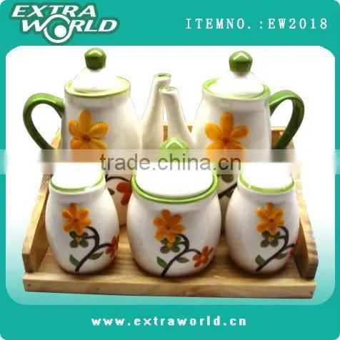 Hand Painted Ceramic Salt Pepper Oil and Vinegar Set