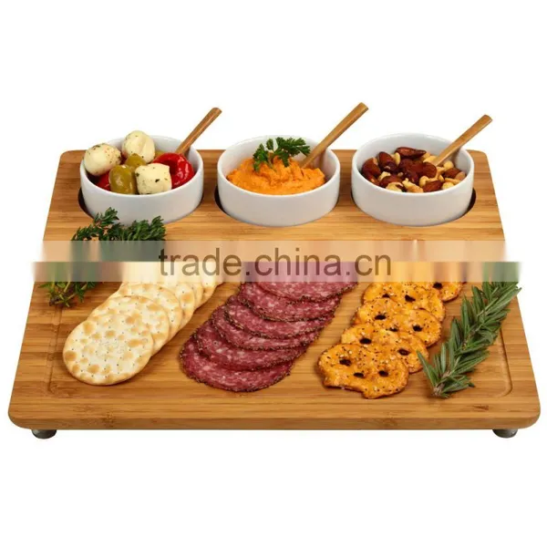 New Picnic Square Bamboo Entertaining Serving Tray With 3 Ceramic Bowl's Holder Bamboo Cutting Board With Juice Groove photo-2