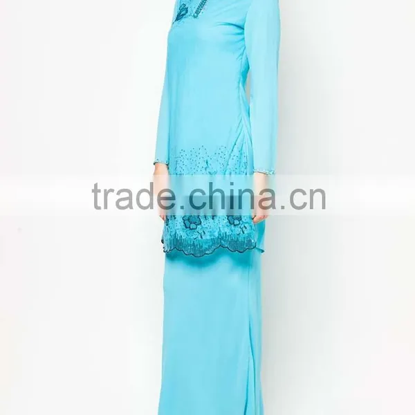 Blue Beaded Printed Made in China Long Sleeve Muslim Dress photo-3