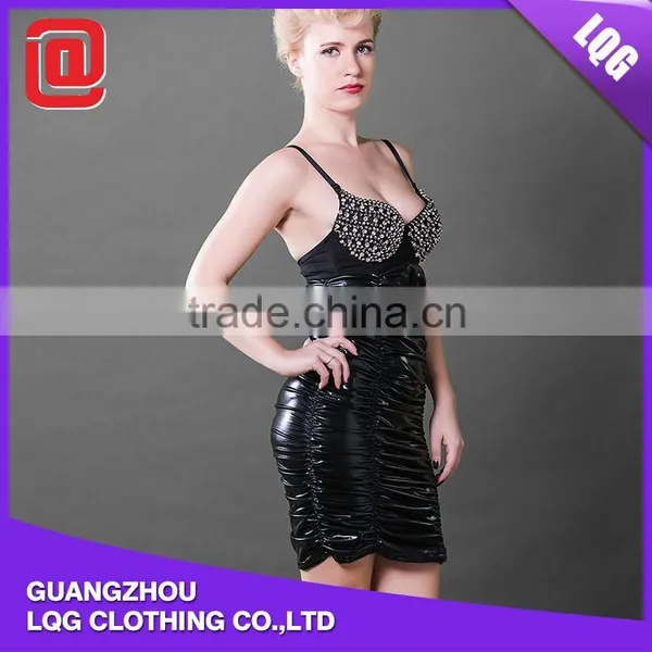 Black PU Leather Rhinestone Decorated Club & Party & Daily Wearing Dress of Sexy