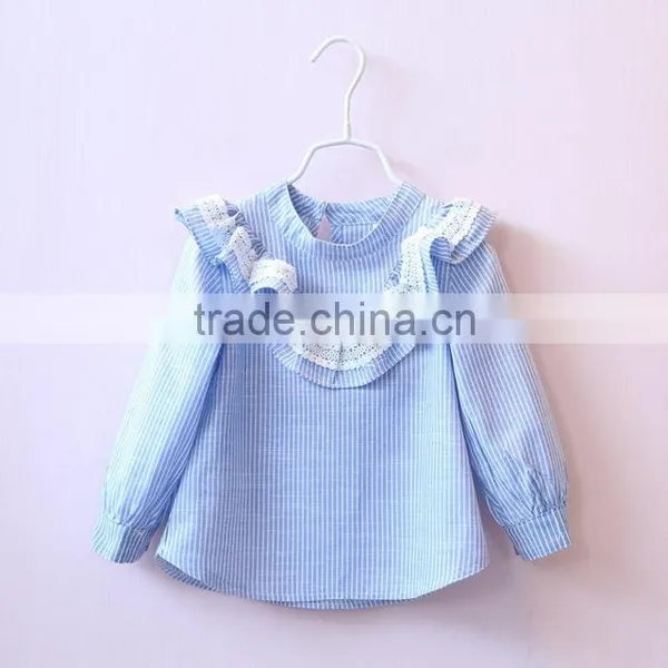 New 2017 Wholesale Hot Summer Girls Cotton Long Sleeves Striped Lace Blouses 2-8 Years