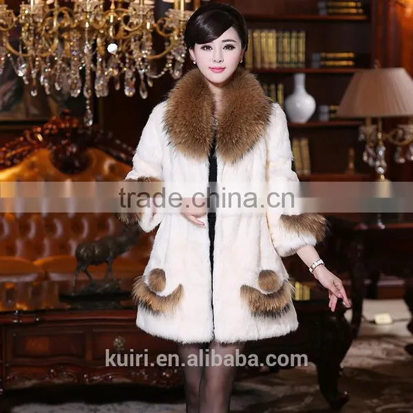 Hot Selling Korean Real Rex Rabbit Fur Coat With Raccoon Fur Collar Low Price Pc-140 photo-3