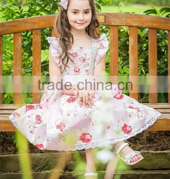 Girls Flutter Sleeve Kids Clothing Wholesale Roses Printed Designer One Piece Dress photo-2