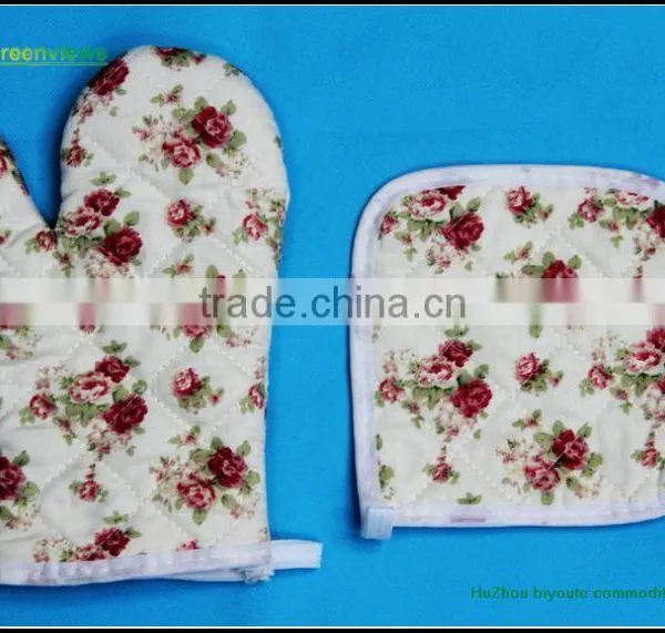Cotton Printed Yellow Stripe Oven Mitt & Pot Holder Factory Eco Friendly Pot Holders and Oven Mitts 2 Kitchen Sets-oven photo-5