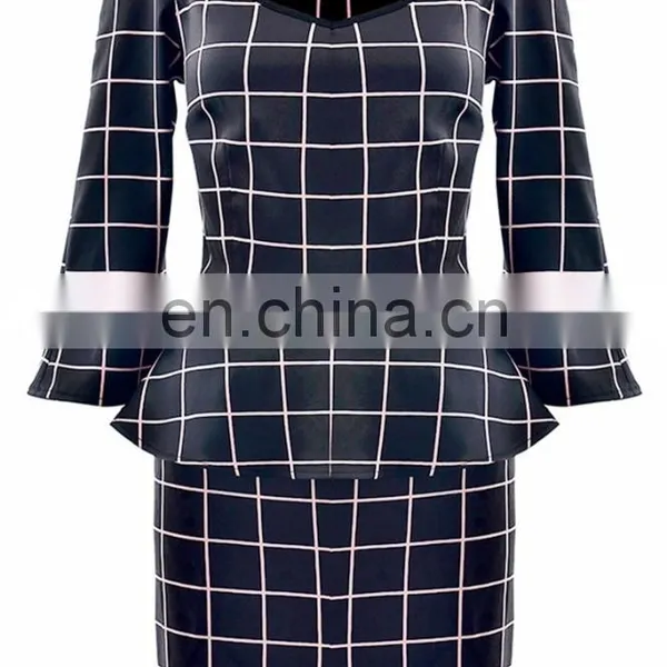 2015 New Product Elegant Fancy Windowpane Plaid Print Women Peplum Dress Long Sleeve Wholesale photo-2