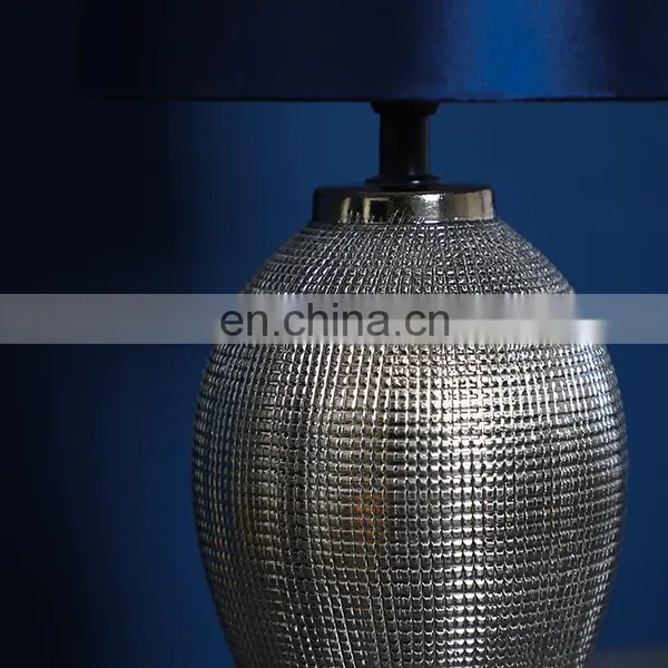 Bucket Shape Unique Silver Embossed Surface Small Dark Blue Nightstand Lamps Ceramic in Bulk photo-2