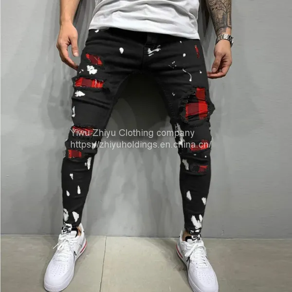 2022 New Product Men Skinny Pants Badge Jeans Men Trendy Knee Hole Denim Jogging Pants High Quality Men Tapered Jeans Denim