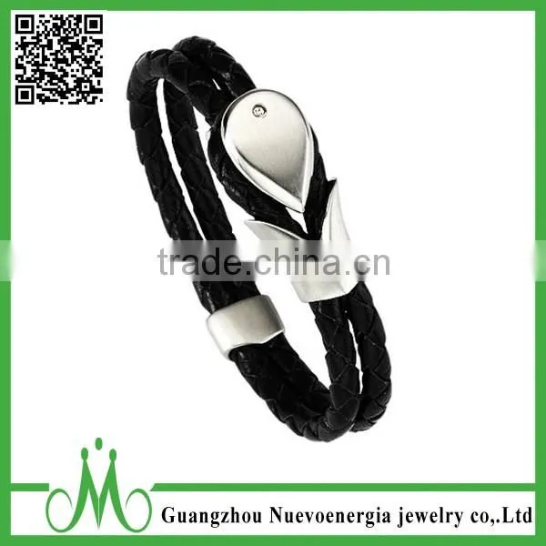 Wide Black Stainless Steel Adjustable PU Leather Punk Jewelry Cool Men's Bangle Bracelet photo-6