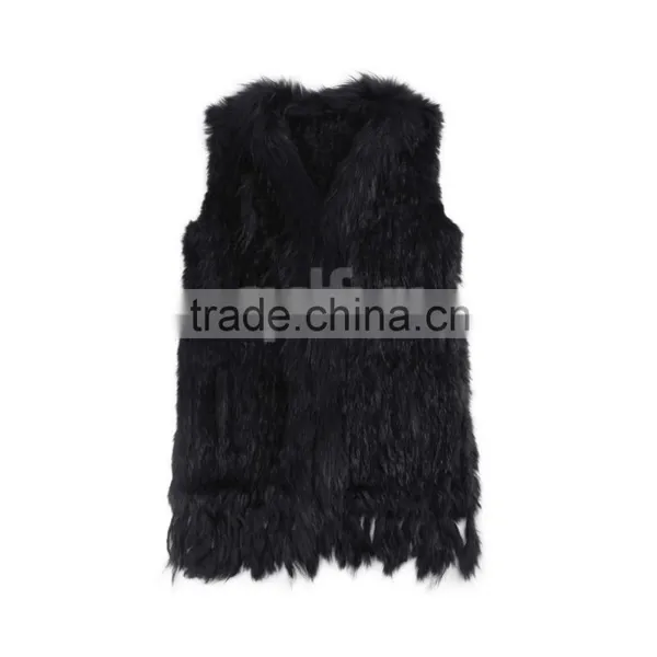 QDMJ006 Lady Clothes Long Knit Rabbit Fur Vest With Raccoon Dog Fur Collar For Women Clothing photo-6
