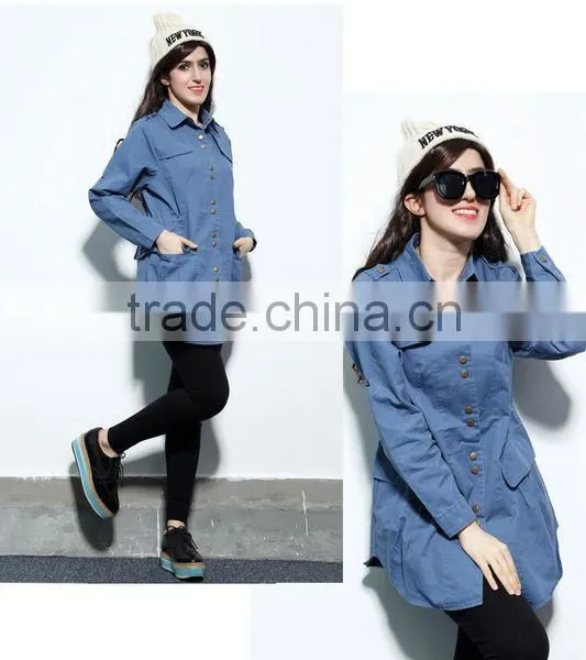 Denim Jacket 2014 New Women Coat Female Long European Full Regular Sleeves Slim Metal Buttons Jean Jackets Solid WholeSale photo-5