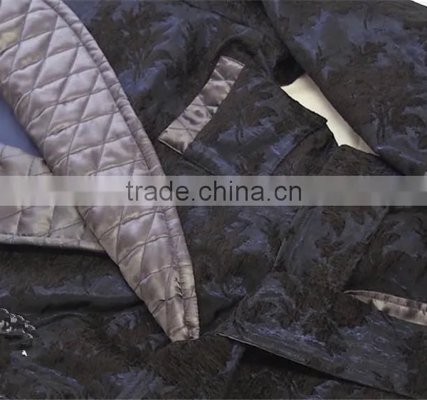 Wholesale Warm Winter Men's Floral Navy Silk Bathrobe With Quilted Gray Shawl Collar photo-3