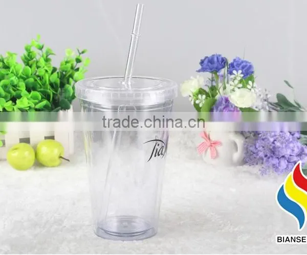 Clear Double Wall 16oz Plastic Water Tumbler With Straw photo-2