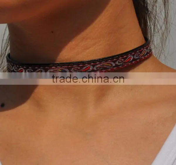 Fabric Leather Choker Necklace Hot Selling Fabric Necklace Handmade Leather Fabric Woman Necklace Jewelry photo-2