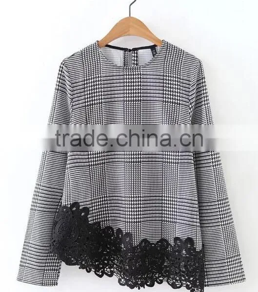 Runwaylover EY2378B Ladies 2017 Fashion Lace Splice Plaid Blouse photo-5