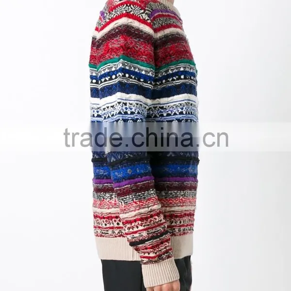 Multi Color Crew Neck Knitted Jumper Men's Intarsia Sweater With Button Decoration on Shoulders photo-2