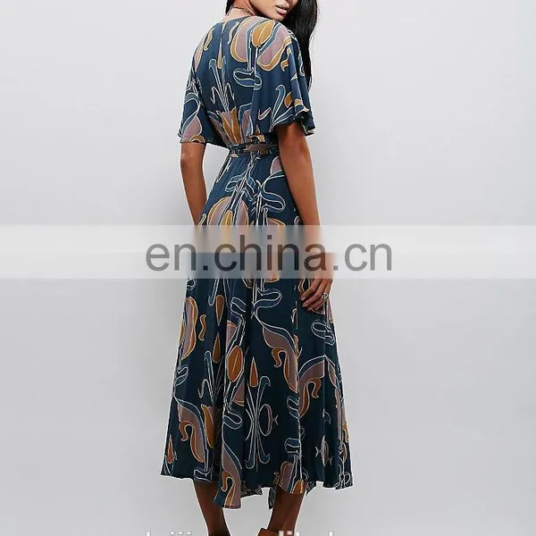 High Quality Deep v Neck Maxi Wrap Dress Lady, Long Print Wrap Dress photo-6