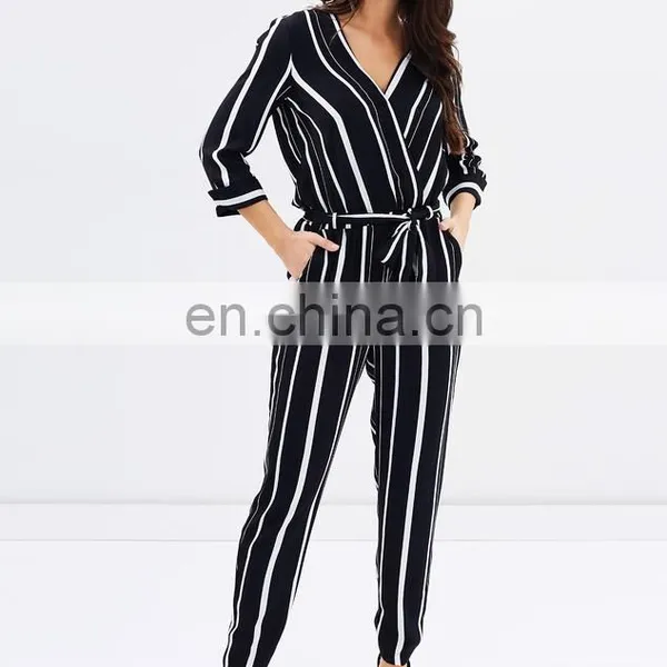 Cheap Wholesale Custom Printing One Piece Jumpsuit Stripe Wrap Autumn Women Fashion Jumpsuit photo-6