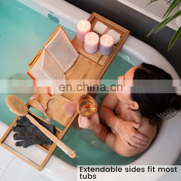 Luxury Extendable Bathtub Caddy Trays Natural Bamboo Bathroom Bed Organizer Tray Bamboo Bathtub Caddy Tray photo-2