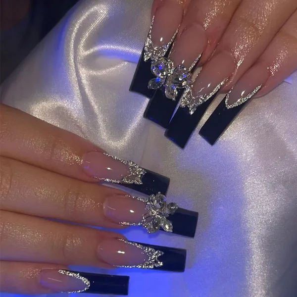 European and American Extended Water Pipe Wear Nail Sheet French Butterfly Rectangular Nail Art Nail Piece Fake Nail Finished Press on Nails SUYT