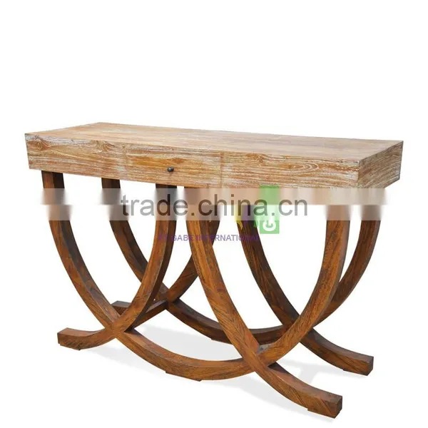 Furniture Console Table Art Deco Style Teak Wood White Wash photo-2