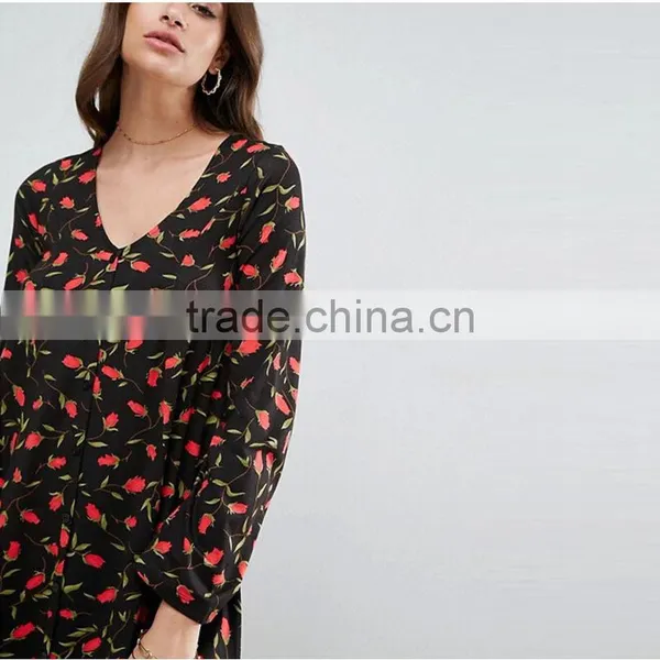 2017 Summer V Neck Long Sleeve Floral Printed Women Dresses Oem Dress HSd9021 photo-3