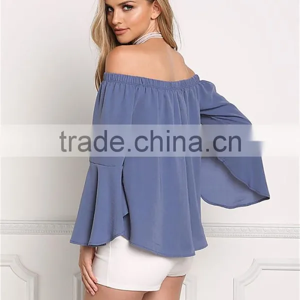 MGOO New Custom Designs Plain Blue Blouses Off Shoulder Long Sleeves Flare Opening Fashion Viscose Blouses photo-5