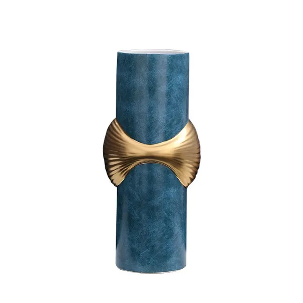 Light Luxury Blue Leather Concave Gild Ceramic Vase For Shopping Mall Hotel Decor photo-5