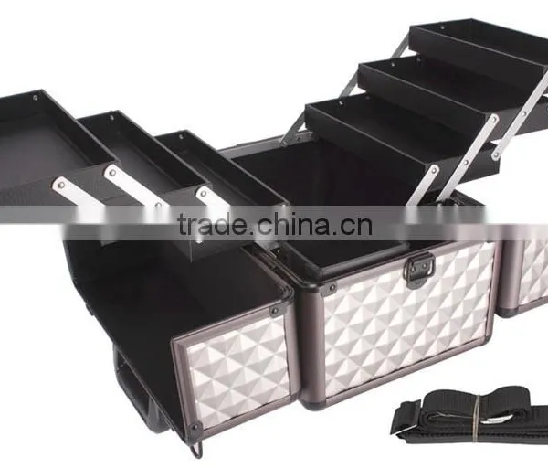 Diamond Textured Pattern 6 Extendable Trays Aluminum Professional Makeup Artist Cosmetic Storage Carrying Travel Train Case photo-4