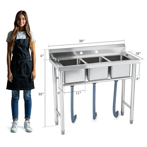 Stainless Steel Three-bowl Commercial Sink, Multi-purpose Sink for Kitchen Worktops, Suitable for Restaurants, Bars, Home Laundry Rooms, Garages. photo-3