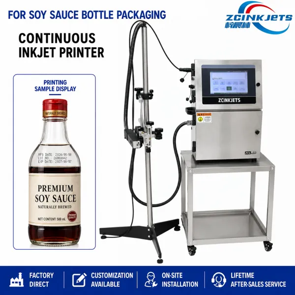 High Speed CIJ Inkjet Printer for Glass Plastic Soy Sauce Bottles Production Date Batch Code Printing