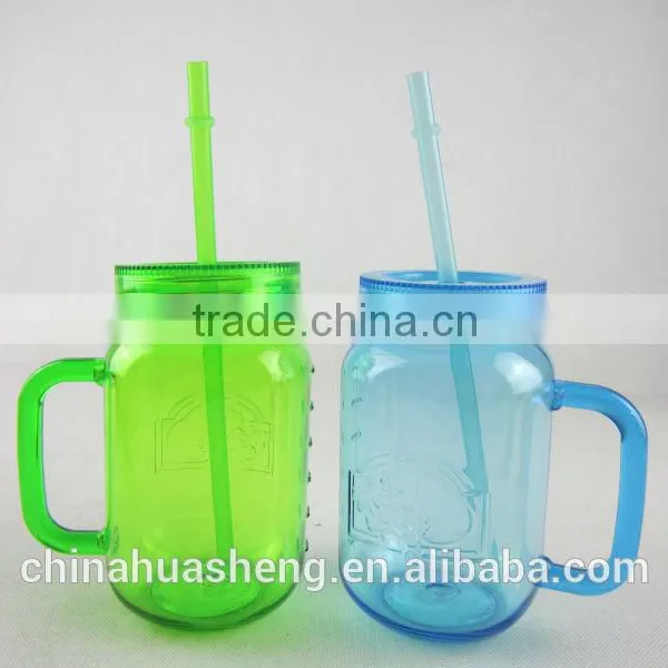 16 oz PS Clear Plastic Embossed Mason Jar With Handles