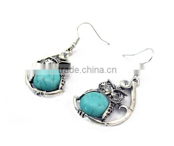 New Arrival Fashion Bohemia Owl Silver Plated Turquoise Pendant Alloy Earrings photo-6